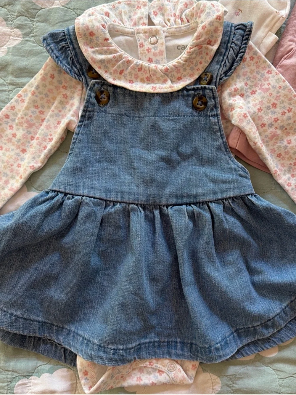 Carter's 4pc Outfit Set Baby Girl 3m Corduroy Jumper Dress Bodysuit blue & pink